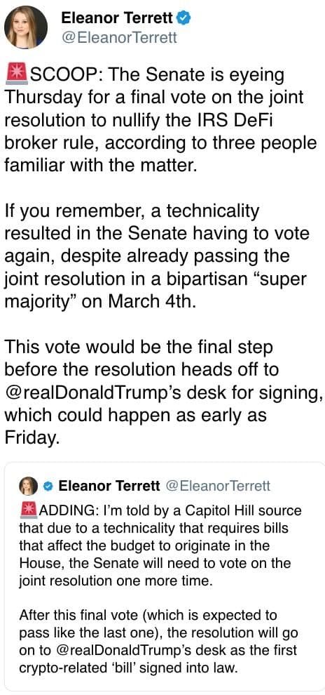 The Senate is eyeing Thursday for a final vote on the joint resolution to nullify the IRS DeFi broker rule