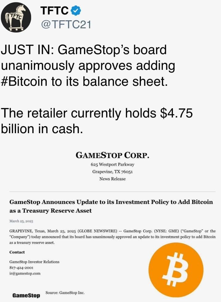 GameStop’s board unanimously approves adding Bitcoin to its balance sheet