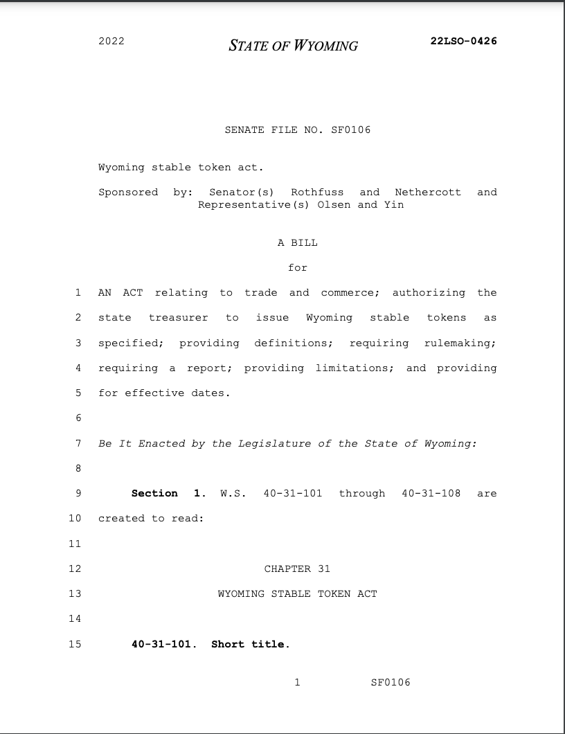 US Government, United States, Wyoming, Stablecoin