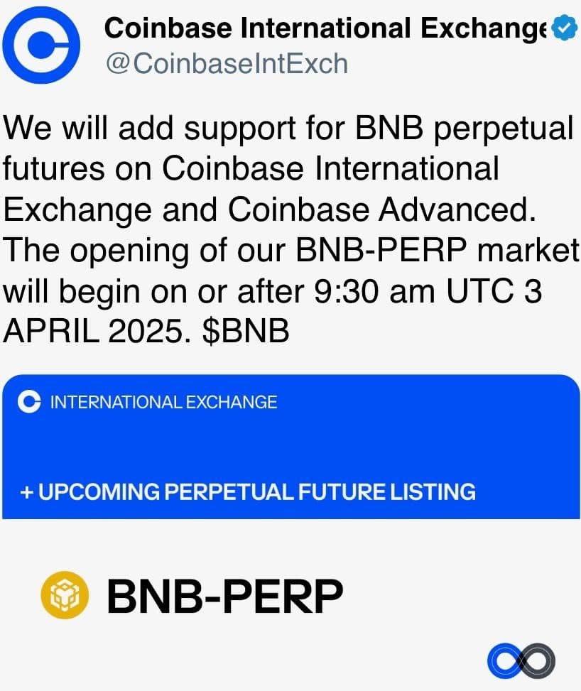 Coinbase is listing BNB perpetual futures.