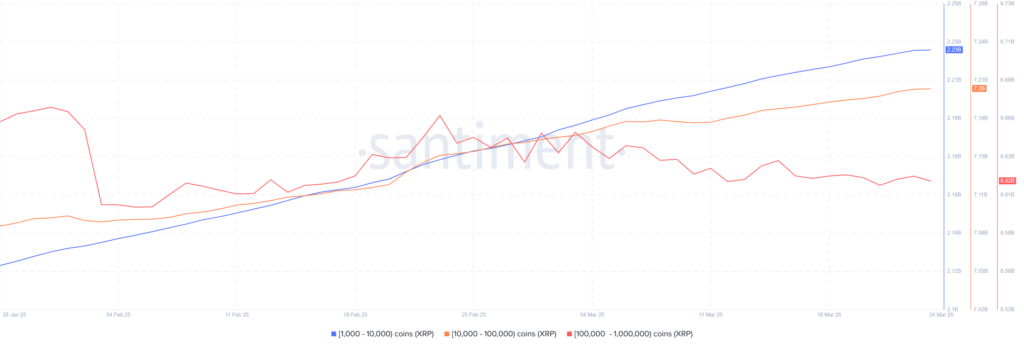  Santiment chart showing XRP accumulation patterns across different holder groups
