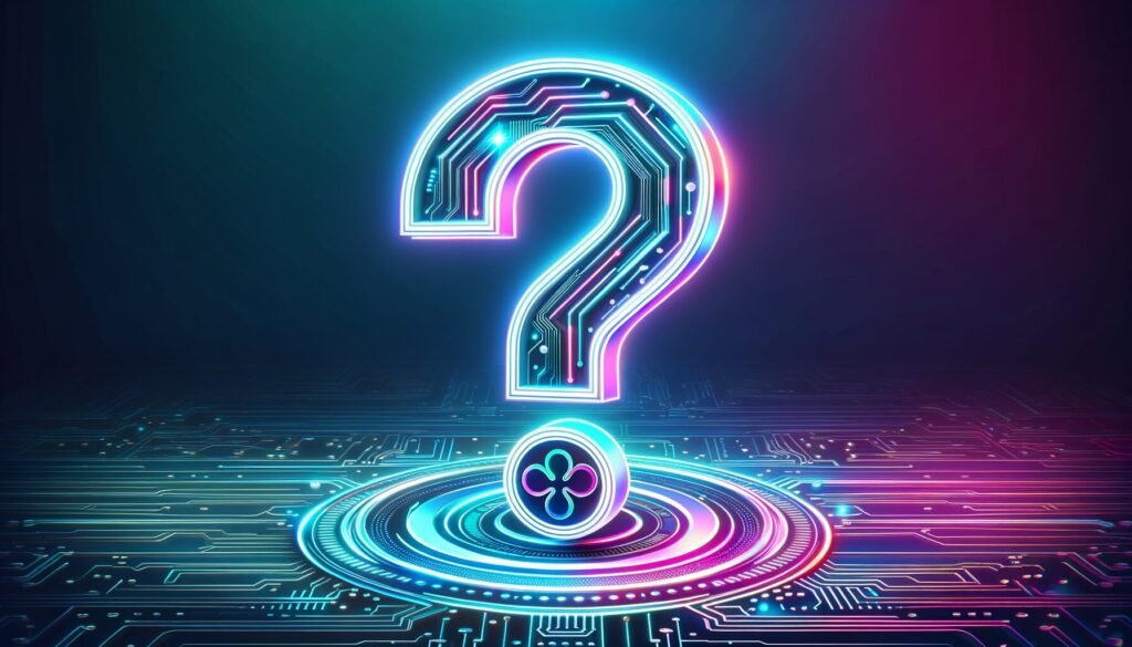 XRP logo beneath question mark with crypto circuit board design