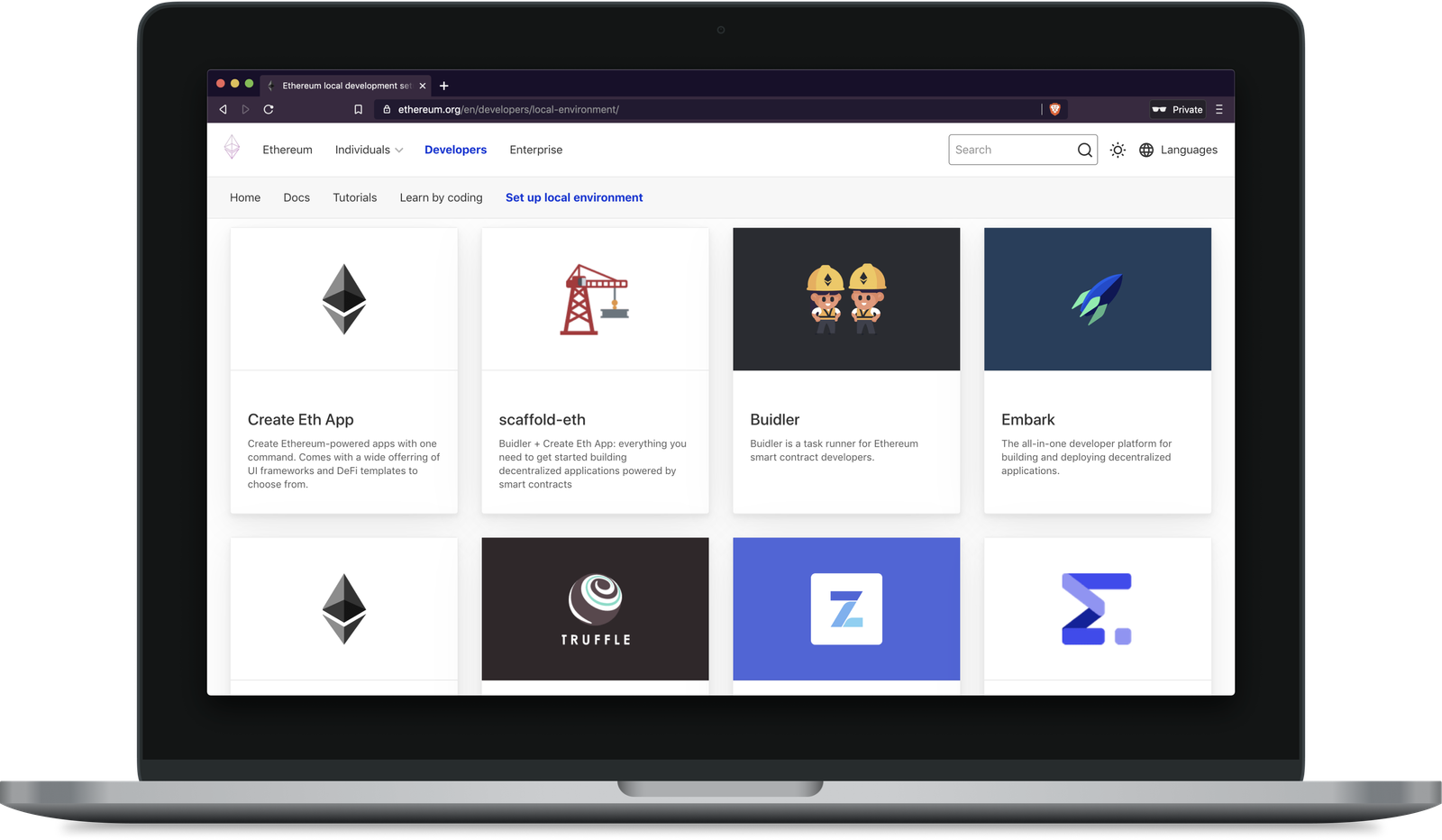 The new ethereum.org developer portal links to frameworks