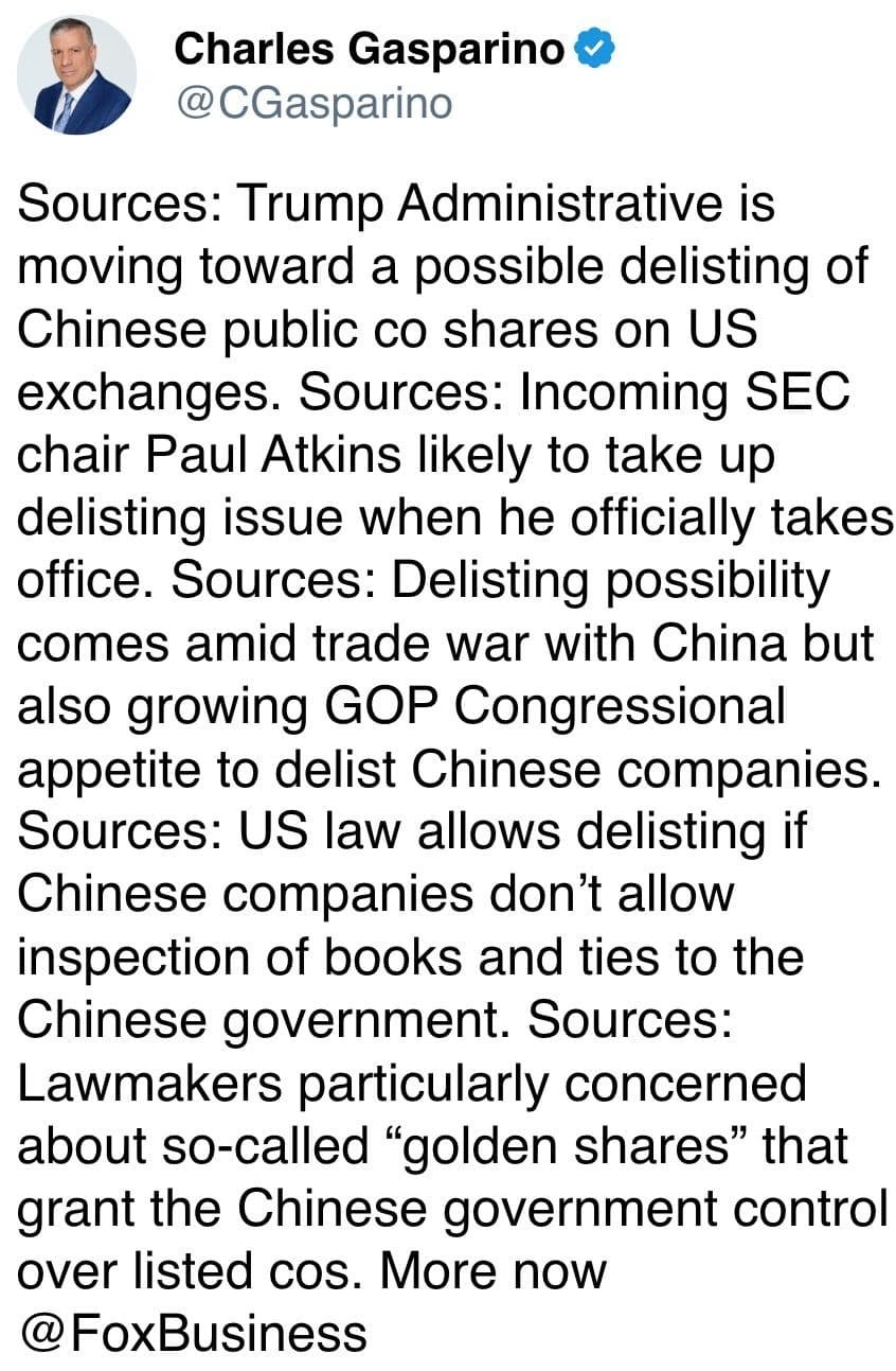 Trump Administrative is moving toward a possible delisting of Chinese public co shares on US exchanges.