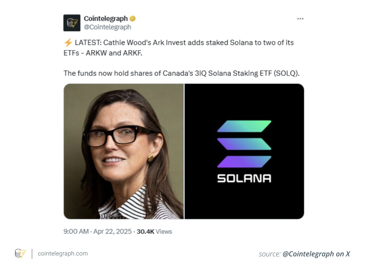 Cathie Wood's ARK Invest adds staked Solana to two of its ETFs - ARKW and ARKF