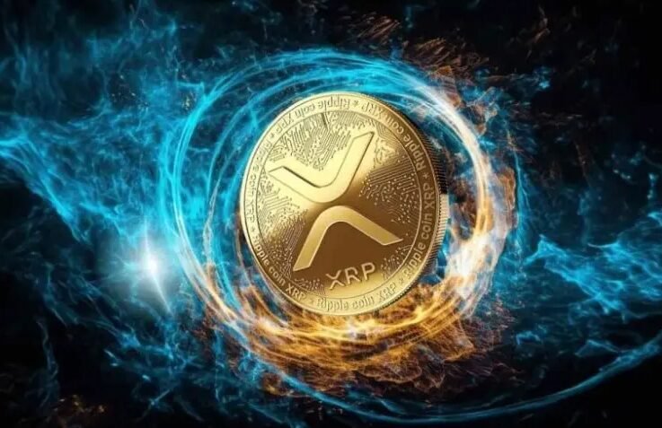 Golden XRP coin with blue and orange energy swirls