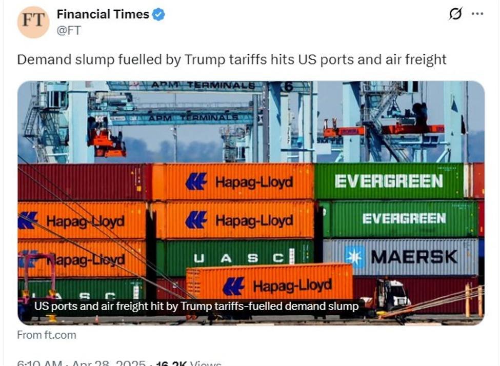 Financial Times on “Demand slump fuelled by Trump tariffs hits US ports and air freight”