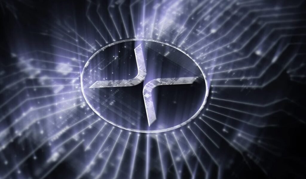 XRP logo illuminated with purple light rays on digital background