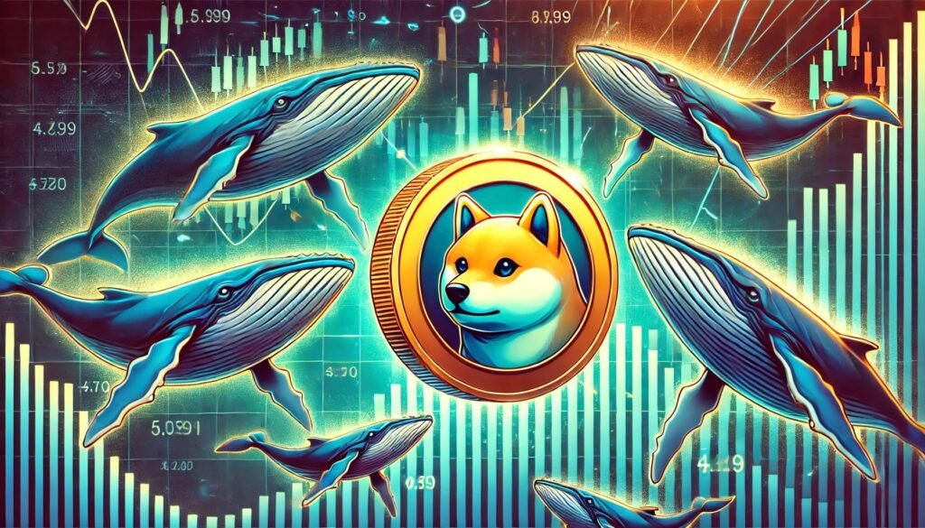 Digital illustration of whales surrounding a Shiba Inu coin with price chart background