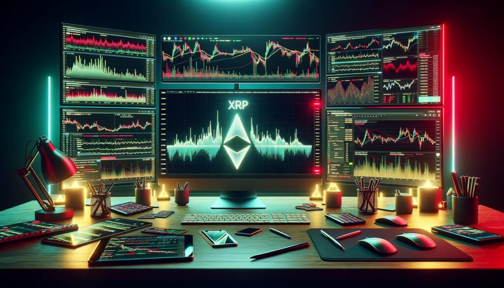 crypto trader's desk with multiple monitors displaying XRP charts