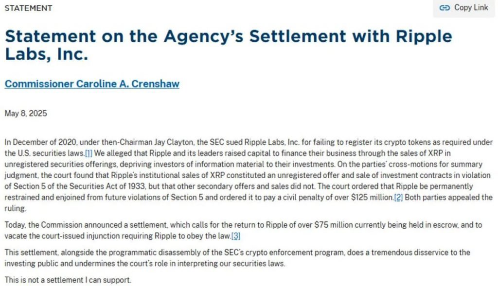 SEC Commissioner Caroline Crenshaw's statement regarding the settlement with Ripple Labs