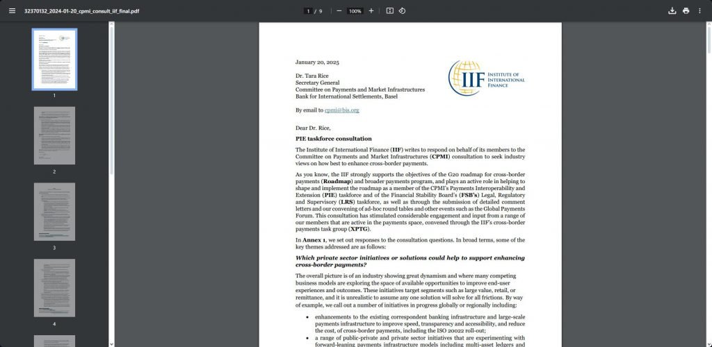 PDF screenshot of the official IIF consultation response to the BIS Committee on Payments and Market Infrastructures