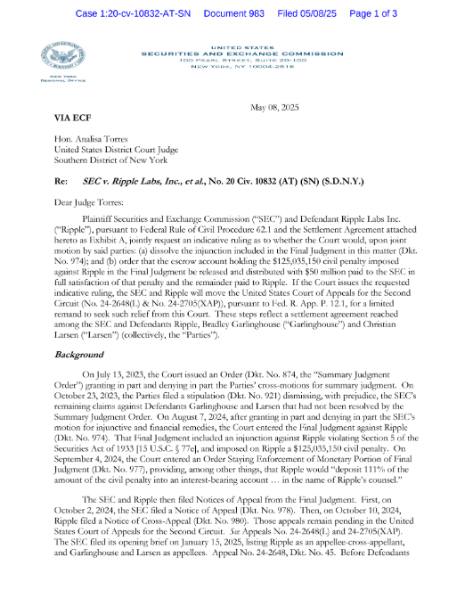 SEC Court Filing showing settlement motion - Official document with SEC letterhead