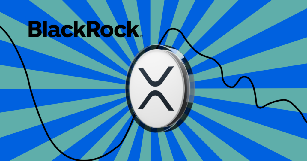 XRP token with BlackRock logo on blue and green sunburst background