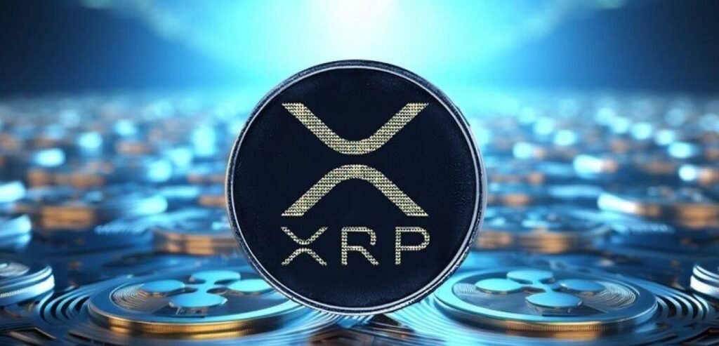 XRP coin with logo displayed against blue digital background