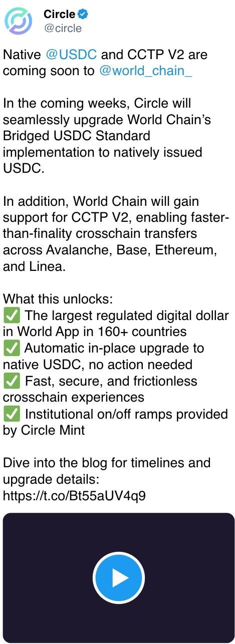 In the coming weeks, Circle will seamlessly upgrade World Chain’s Bridged USDC Standard implementation to natively issued USDC.