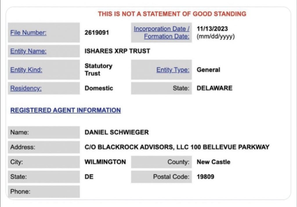 Corporate filing showing iShares XRP Trust details