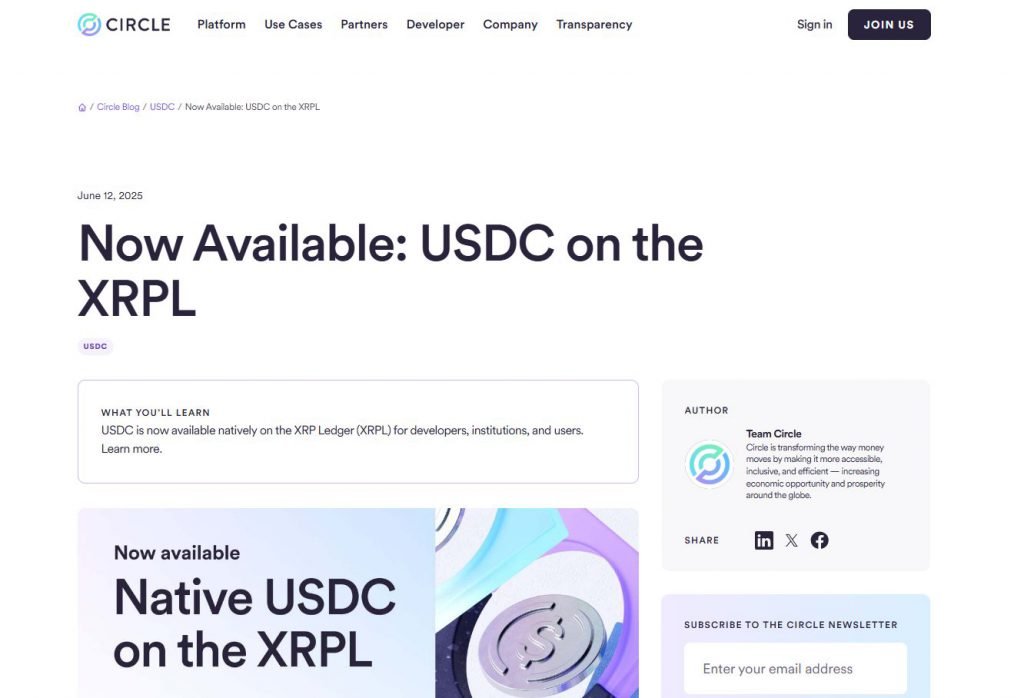 Circle USDC announcement on XRPL