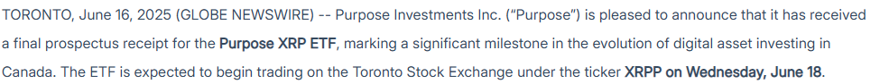 Purpose XRP ETF report