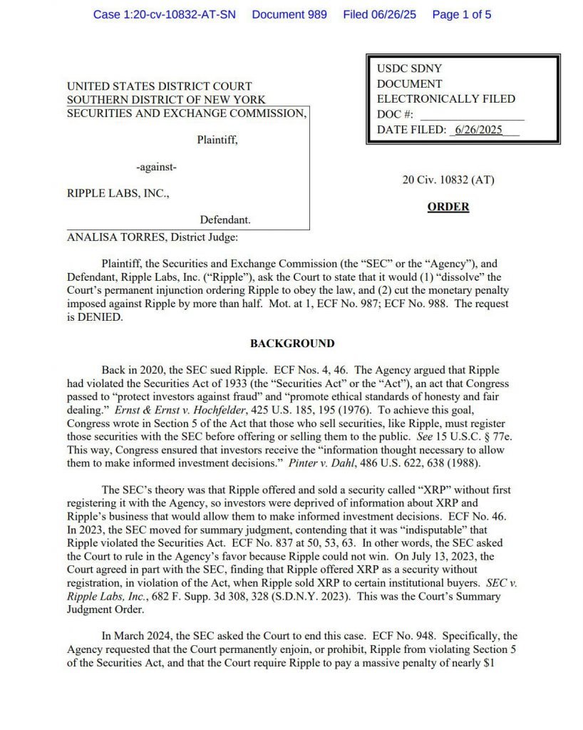 The judge denies Ripple SEC motion through an official court order