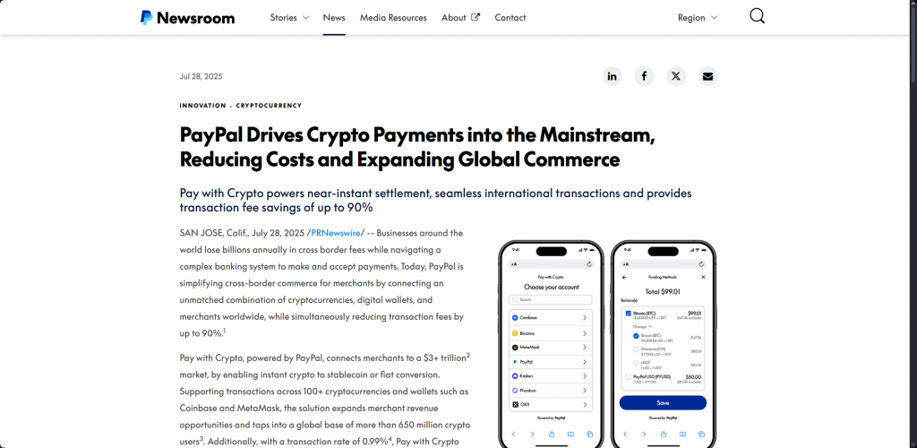 PayPal official crypto payments announcement with mobile interface