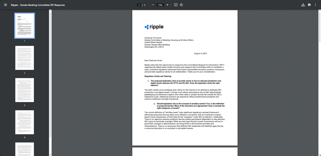 Ripple's Senate Banking Committee response document