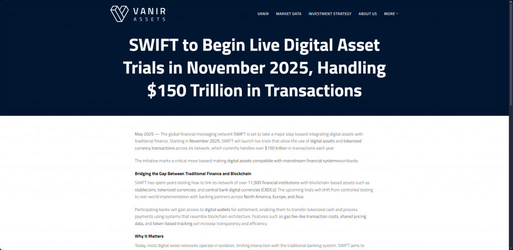 Vanir Assets detailed report on SWIFT bridging traditional finance with blockchain