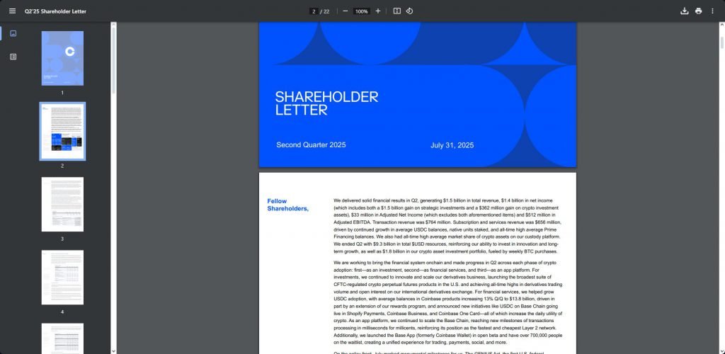 Coinbase Q2 2025 Shareholder Letter Cover